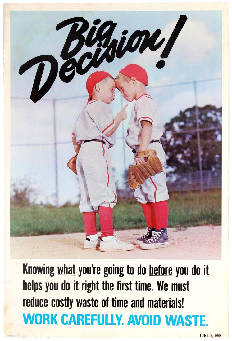 Propaganda Poster Big Decision Baseball Kids Work: Original vintage workplace motivational propaganda poster Big Decision! Featuring a great photo of two young boys in baseball kits and gloves sharing the strategy for their game. Text reads - Knowing