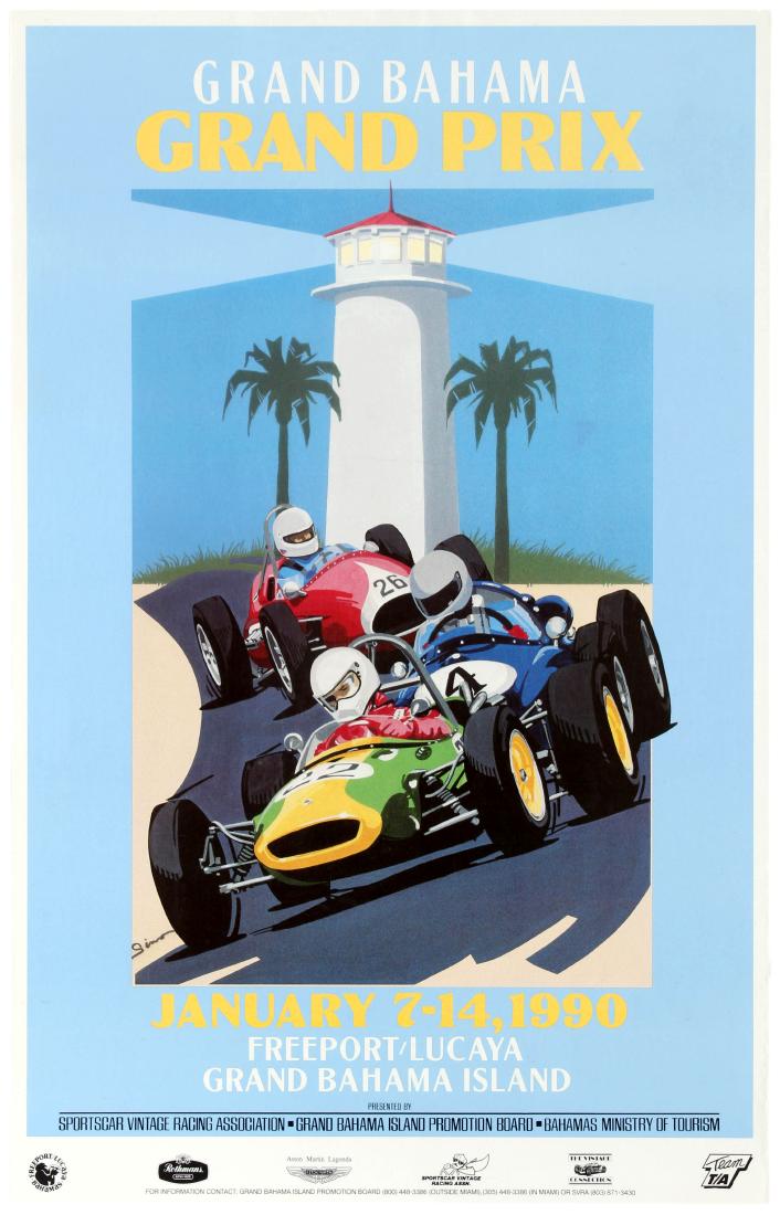 Sport Poster Grand Bahama Grand Prix Classic Sports Car: Original vintage sport poster published by the Bahamas Ministry of Tourism to promote the Grand Bahama Grand Prix race featuring vintage sportscars and held between January 7 and January 14, 1990, in