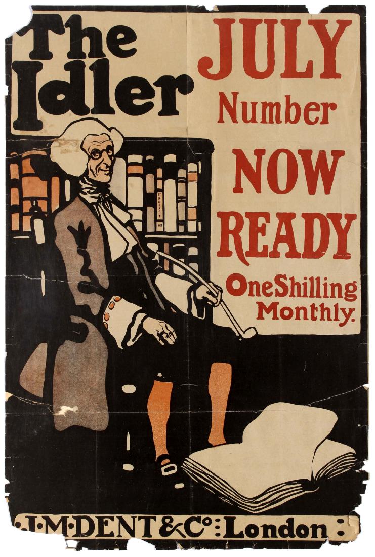 Advertising Poster The Idler Magazine Pipe Smoking 1898: Original vintage advertising poster for The Idler Magazine designed by A.S.Forrest depicting a man sitting by a book shelf smoking a long pipe and reading a magazine.. Bold lettering reads - The Idler