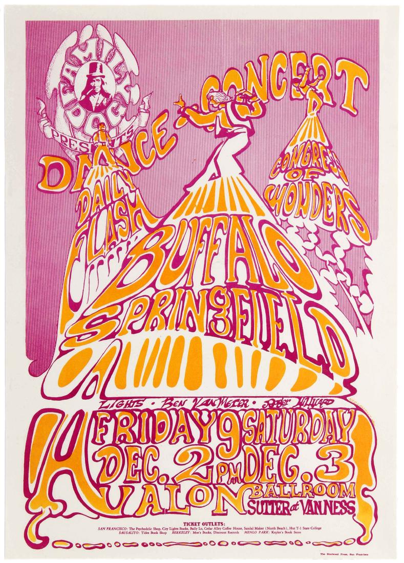 Advertising Poster Buffalo Springfield Avalon Ballroom: Original vintage music advertising poster for a concert by Buffalo Springfield at the Avalon Ballroom in 1966. Supporting acts featured The Daily Flash and Congress of Wonders. The event was organised