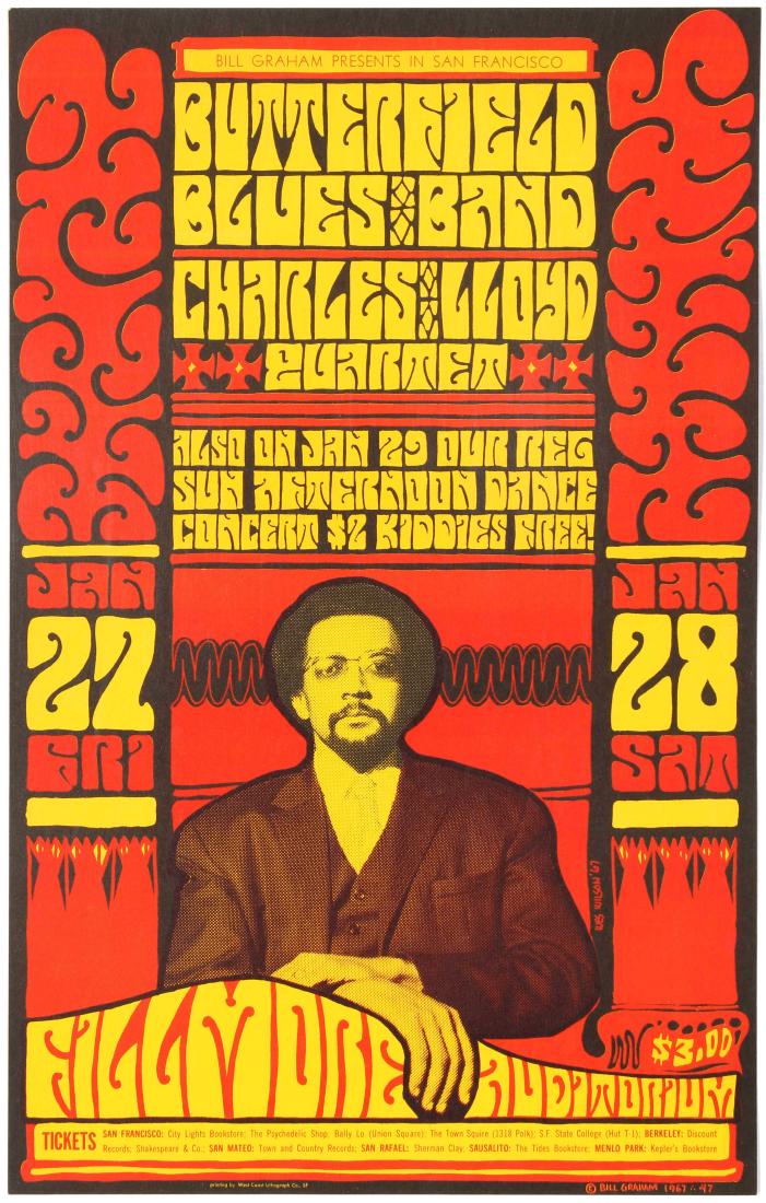 Advertising Poster The Paul Butterfield Blues Band Bill: Original vintage music advertising poster for a concert event presented by Bill Graham at the Fillmore Auditorium in San Francisco in June 1968, with the Paul Butterfield Blues Band and the Charles Ll