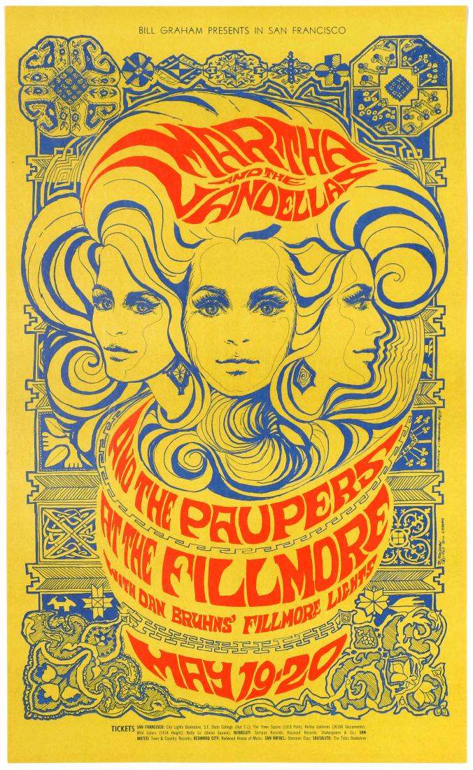 Advertising Poster Martha And The Vandellas Bill Graham: Original vintage music advertising poster for a concert event presented by Bill Graham at the Fillmore Auditorium in San Francisco in May 1967, with Martha & the Vandellas and The Paupers. Artwork by