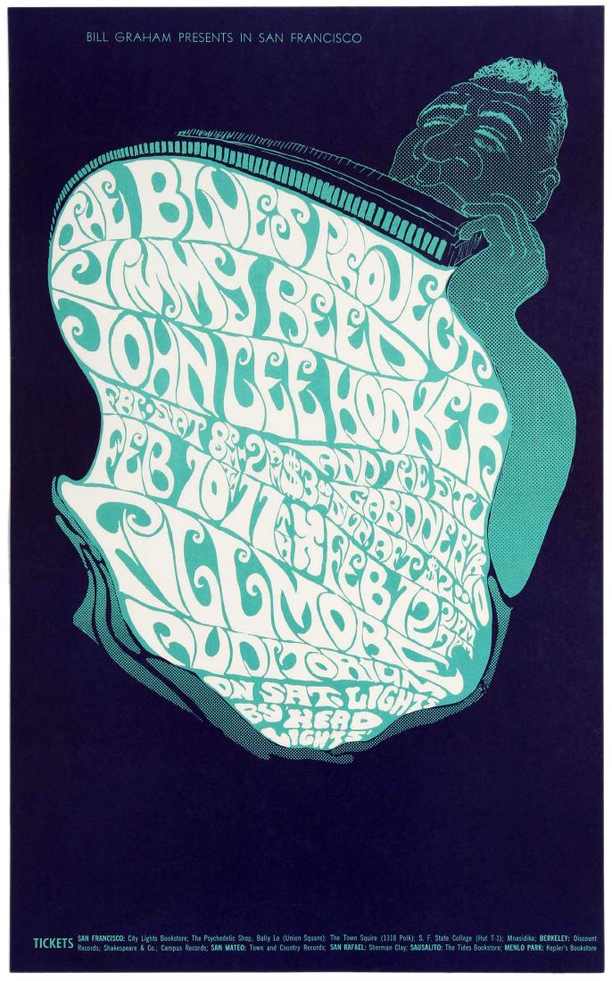 Advertising Poster Blues Project John Lee Hooker Bill: Original vintage music advertising poster for a concert event presented by Bill Graham at the Fillmore Auditorium in San Francisco in February 1967, with The Blues Project, Jimmy Reed, John Lee Hooker