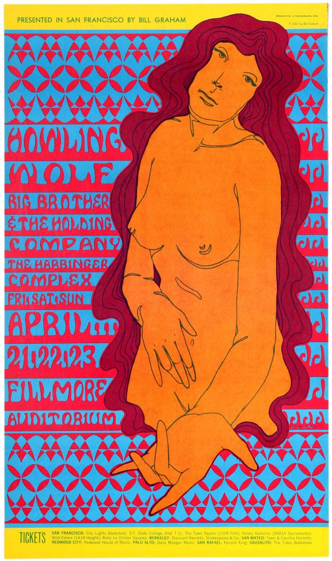 Advertising Poster Howling Wolf Bill Graham Fillmore: Original vintage music advertising poster for a concert event presented by Bill Graham at the Fillmore Auditorium in San Francisco in April 1967, with Howlin' Wolf, Big Brother and the Holding Company