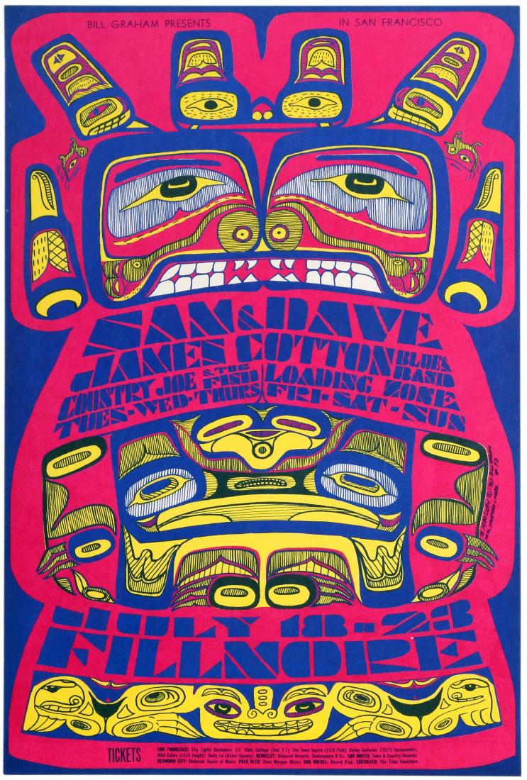 Advertising Poster Sam & Dave The James Cotton Blues: Original vintage music advertising poster for a six-night show presented by Bill Graham at the Fillmore Auditorium in San Francisco in July 1967, with Sam & Dave, the James Cotton Blues Band, Country