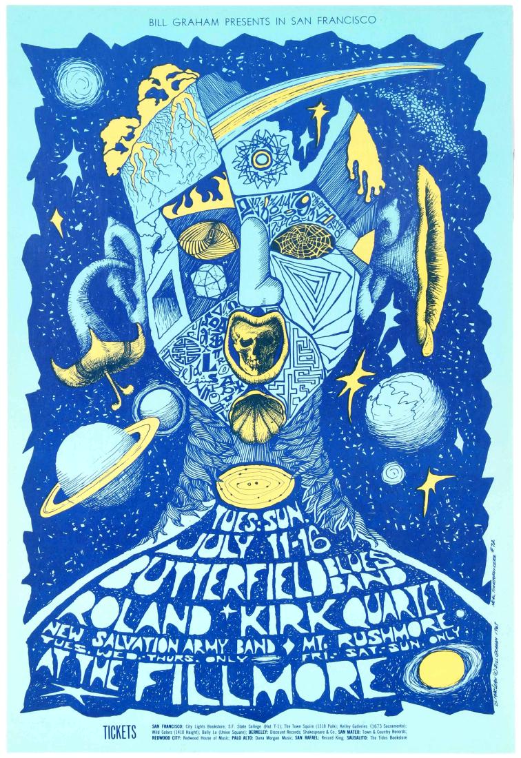 Advertising Poster Paul Butterfield Blues Band Roland: Original vintage music advertising poster for a six-night show title 'A week of great music' presented by Bill Graham at the Fillmore Auditorium in San Francisco in August 1967, with The Paul Butterfi