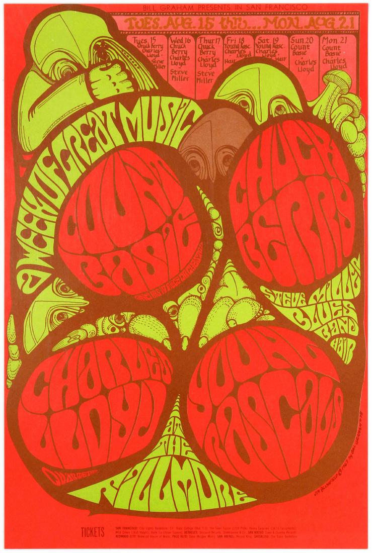 Advertising Poster Count Basie Chuck Berry Bill Graham: Original vintage music advertising poster for a six-night show presented by Bill Graham at the Fillmore Auditorium in San Francisco in July 1967, featuring Count Basie and 17 Pieces Orchestra, Chuck B