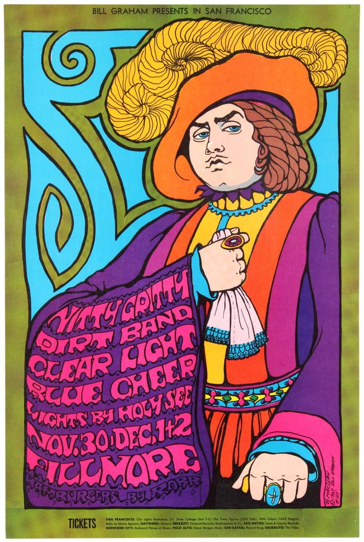 Advertising Poster Nitty Gritty Dirt Band Bill Graham: Original vintage music advertising poster for a show presented by Bill Graham at the Fillmore Auditorium in San Francisco in November and December 1967, featuring The Nitty Gritty Dirt Band, Clear Lig
