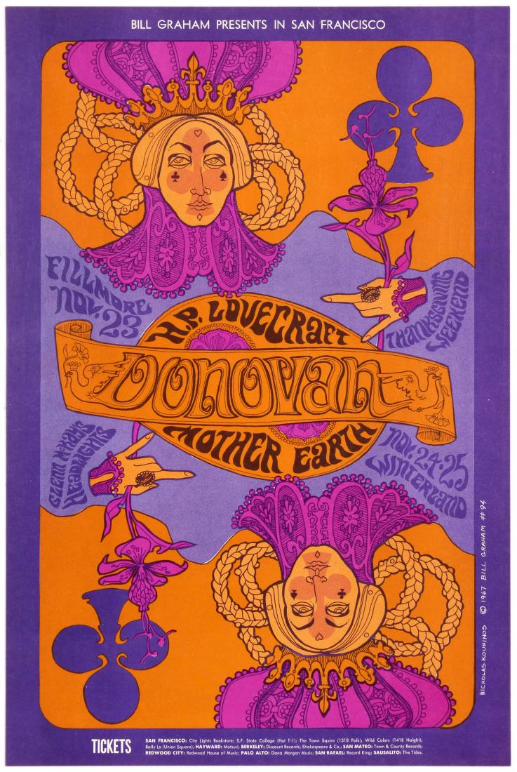 Advertising Poster Donovan Bill Graham Fillmore: Original vintage music advertising poster for a show presented by Bill Graham at the Fillmore Auditorium and Winterland in San Francisco for Thanksgiving weekend in November 1967, featuring Donovan, H