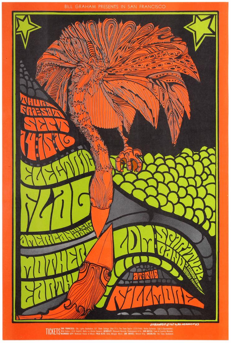 Advertising Poster Electric Flag Bill Graham Fillmore: Original vintage music advertising poster for a show presented by Bill Graham at the Fillmore Auditorium in San Francisco in September 1967, featuring Electric Flag, Mother Earth and LDM Spiritual Ban