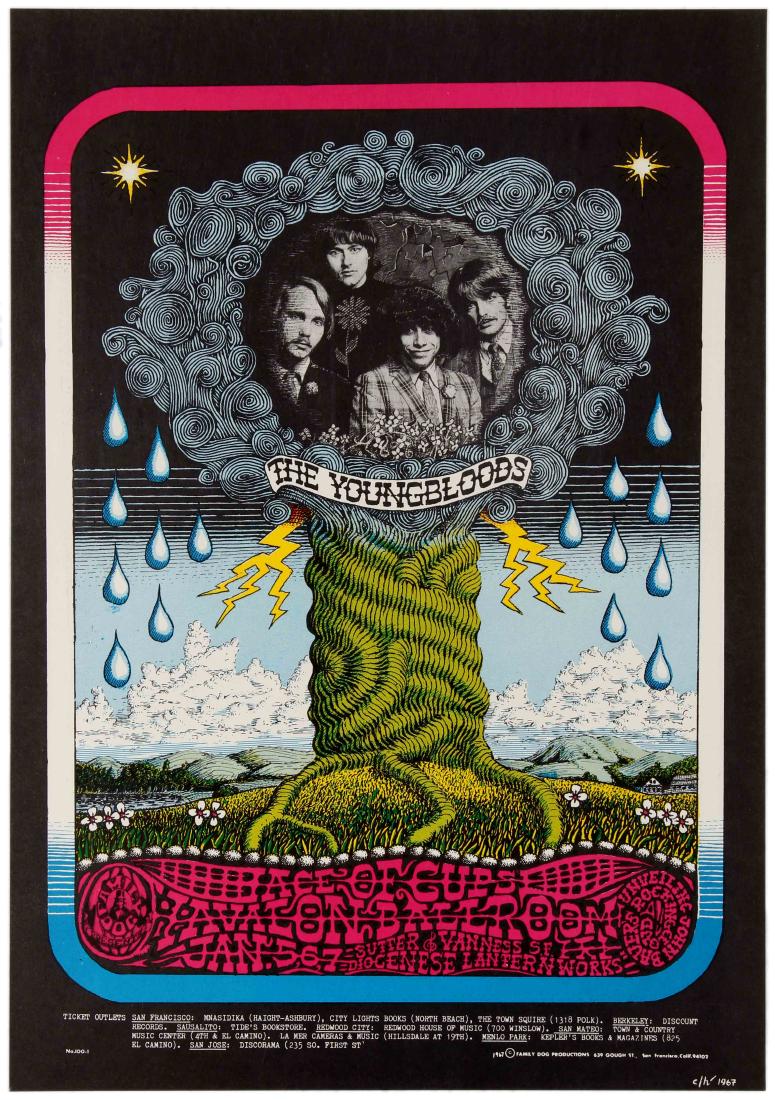 Advertising Poster Youngbloods Ace of Cups John Bauers: Original vintage advertising poster for a concert at Avalon Ballroom that took place in 1967 and included the performers - Youngbloods - Ace of Cups - John Bauer's Rocking Cloud. Psychedelic illustrat
