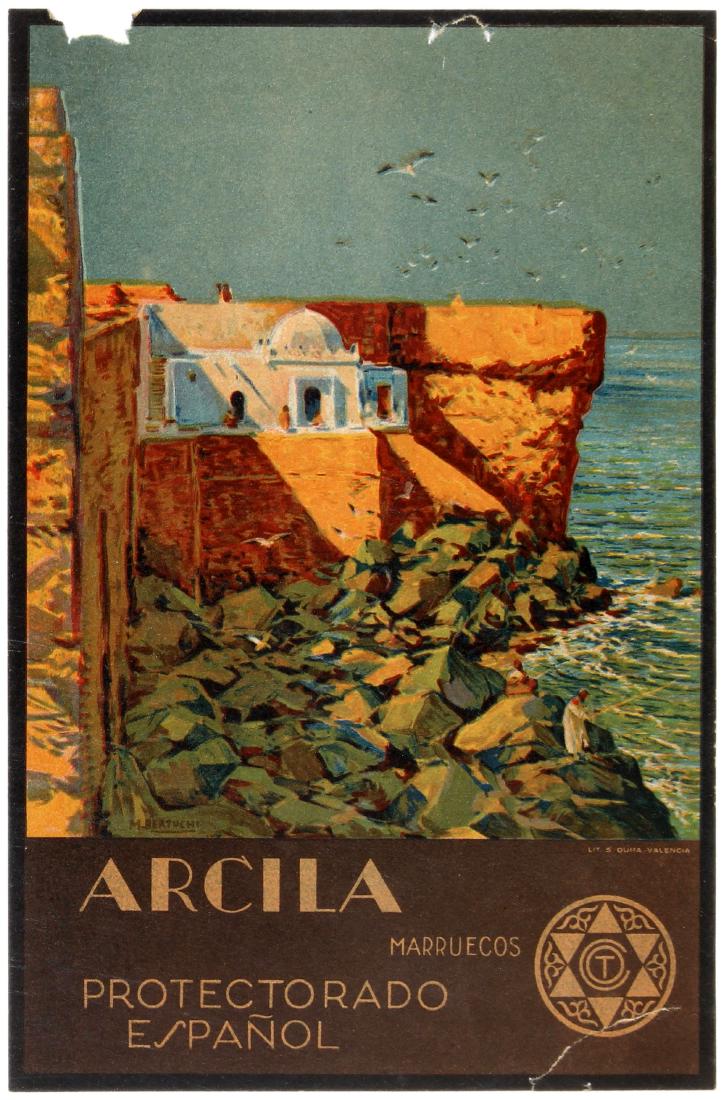 Travel Poster Asilah Castle Morocco Bertuchi: Original vintage travel poster for Asilah, which was part of Spanish Morocco, from 1912 to 1956 - Arcila, Marruecos, Protectorado Espanol - with a fantastic artwork by Spanish artist Mariano Bertuchi 