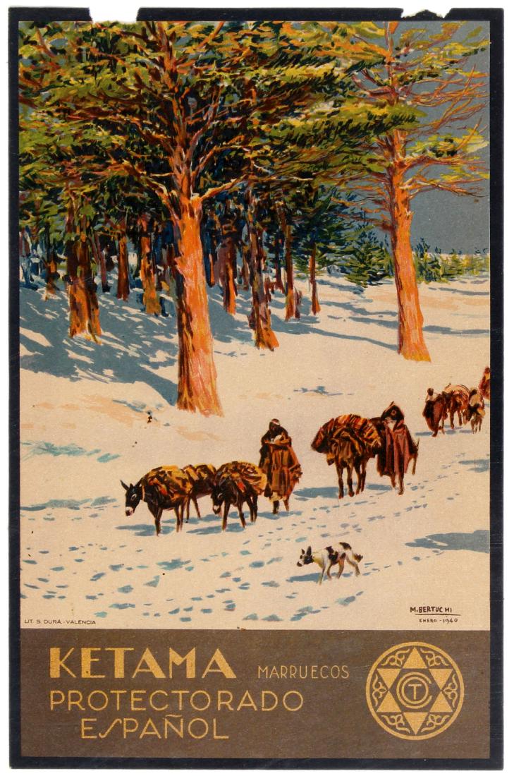 Travel Poster Ketama Morocco Bertuchi Winter: Original vintage travel poster for Ketama, which was part of Spanish Morocco, from 1912 to 1956 - Ketama, Marruecos, Protectorado Espanol - with a great artwork by Spanish artist Mariano Bertuchi show