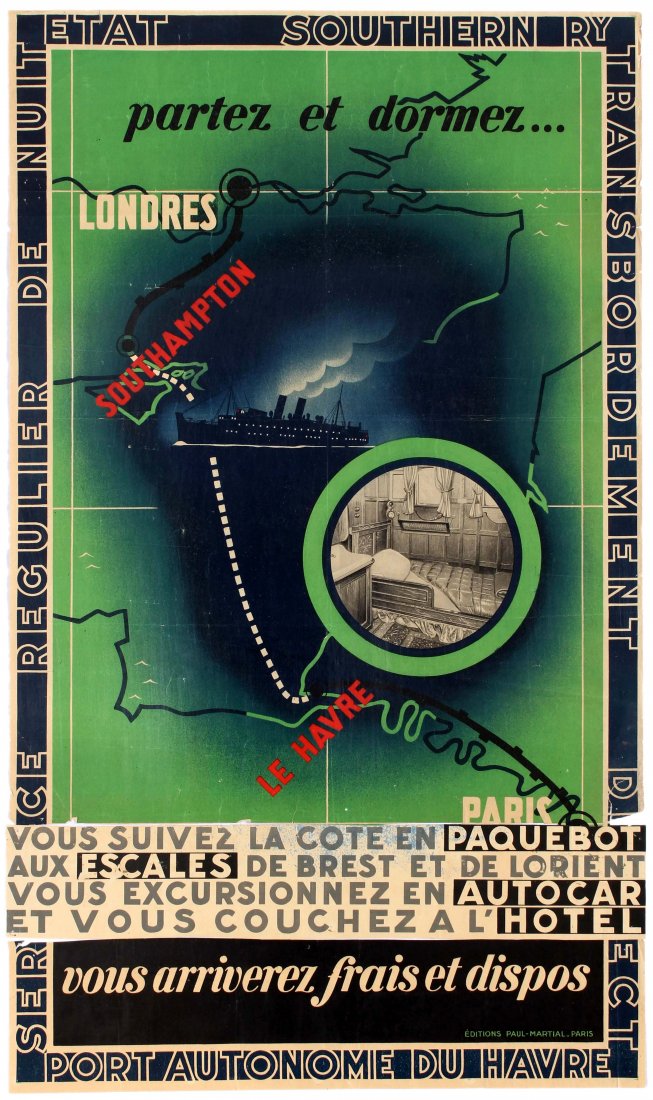 Travel Poster London Southampton Le Havre Paris French: Set of parts for an original vintage travel poster advertising trips from Southampton in the UK to Le Havre in France issued by French Railways. Great design shows the Route from London to Paris on a 
