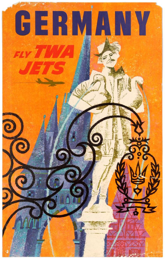 Travel Poster Germany TWA Airline Nuremberg David Klein: Original vintage travel advertising poster: Germany Fly TWA Jets designed by renowned American artist, David Klein (1918-2005). In this 1960's design, the artist depicted the fabled Gooseman of Nuremb