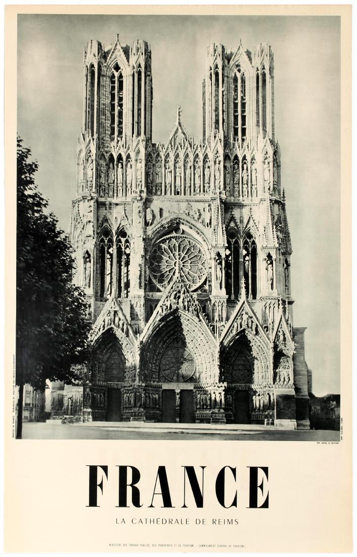 Travel Poster France Reims Cathedral Notre Dame: Original vintage travel poster for France featuring a great black and white photo of Reims Cathedral. Notre-Dame de Reims, known in English as Reims Cathedral, is a Roman Catholic cathedral in the Fre