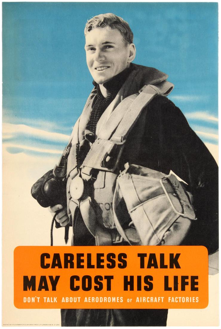 Propaganda Poster WWII Careless Talk Pilot Royal Air: Original vintage British World War Two poster - Careless talk may cost his life, Don't talk about aerodromes or aircraft factories - featuring a black and white photo of a smiling Royal Air Force RAF 