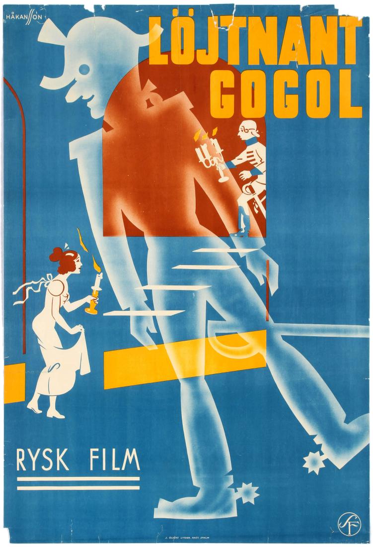 Film Poster Lojtnant Gogol Sweden Art Deco Prokofiev: Original vintage movie poster for the Swedish release of the Russian film Lojtnant Gogol featuring a colourful and stylised artwork by Hakansson. Lieutenant Kije (Poruchik Kizhe) is a 1934 Soviet come