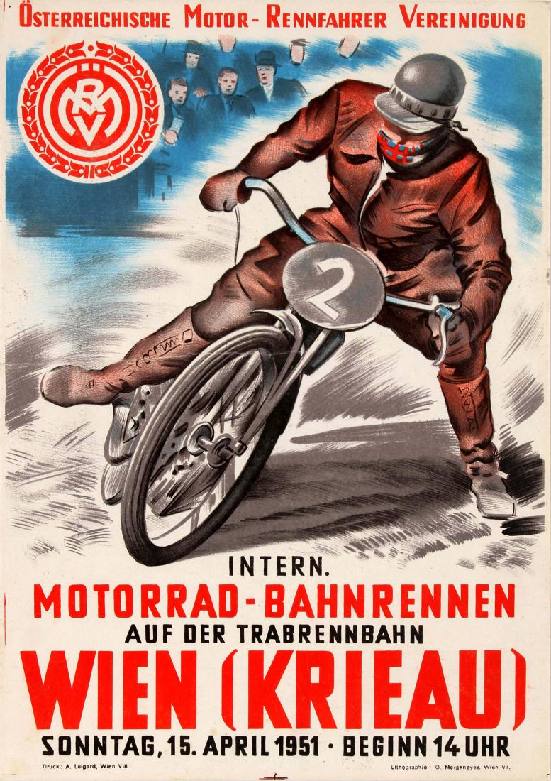Sport Poster International Motorcycle Track Racing: Original vintage motor sport poster published by the Austrian Motor Racing Team OMRV Osterreichische Motor-Rennfahrer Vereinigung for the Motorrad Bahnrennen international motorcycle race held at the 
