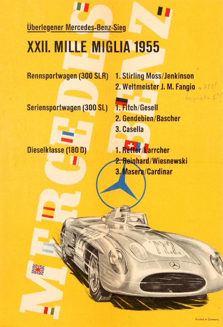 Sport Poster Mercedes Benz Mille Miglia 1955 300SLR: Original vintage car racing poster issued by Mercedes Benz to commemorate their victories at the XXII Mille Miglia races in 1955 with a list of the rankings: Racing sports cars (300SLR) 1. Stirling Mo