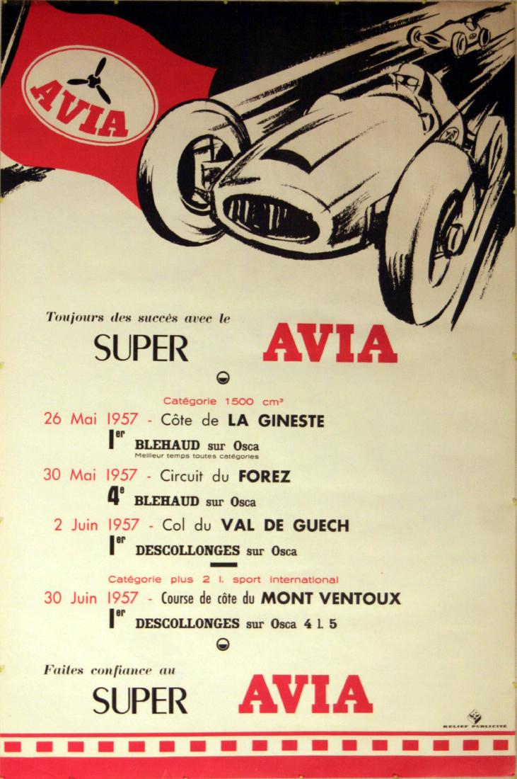 Sport Poster Super Avia Car Racing 1500cc: Original vintage poster for Super Avia, car racing successes in the 1500 category, 1st and 4th place at Blehand, two 1st places at Descollonges racing track. Good condition, light staining on top marg