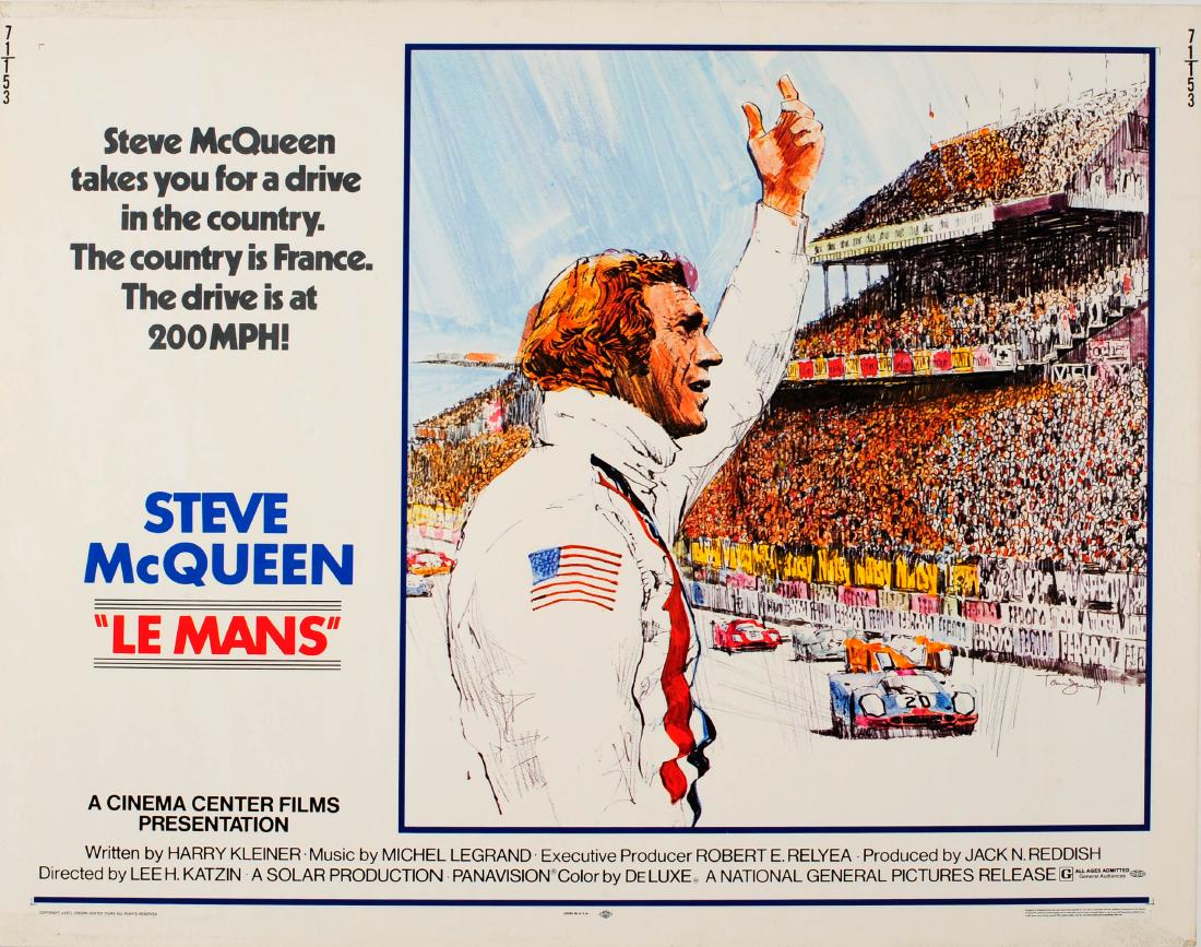 Cinema Poster Le Mans Steve McQueen Porsche Ferrari: Original vintage movie poster for the classic American car racing action film Le Mans "Steve McQueen takes you for a drive in the country. The country is France. The Drive is at 200MPH!" directed by L