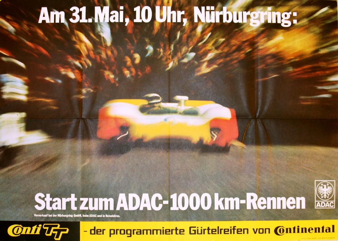 Sport Poster Nurburgring 1000km Car Race ADAC Porsche: Original vintage sport poster advertising the Nurburgring 1000km Race ADAC. Photo: Rainer W Schlegeilmilch. Printed by C Gerber, Munich. Good condition, folded. The 1970 1000km of NÃ¼rburgring was a