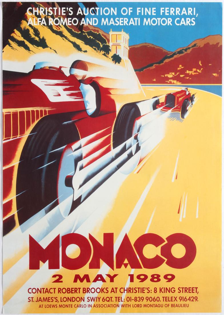 Advertising Poster Monaco Art Deco Ferrari Alfa Romeo: Original vintage advertising posters for Christie's Auction Of Fine Ferrari, Alfa Romeo and Maserati Motor Cars. Very good condition, few small scratches on top. Country: UK. Year: 1989. Designer: Unk