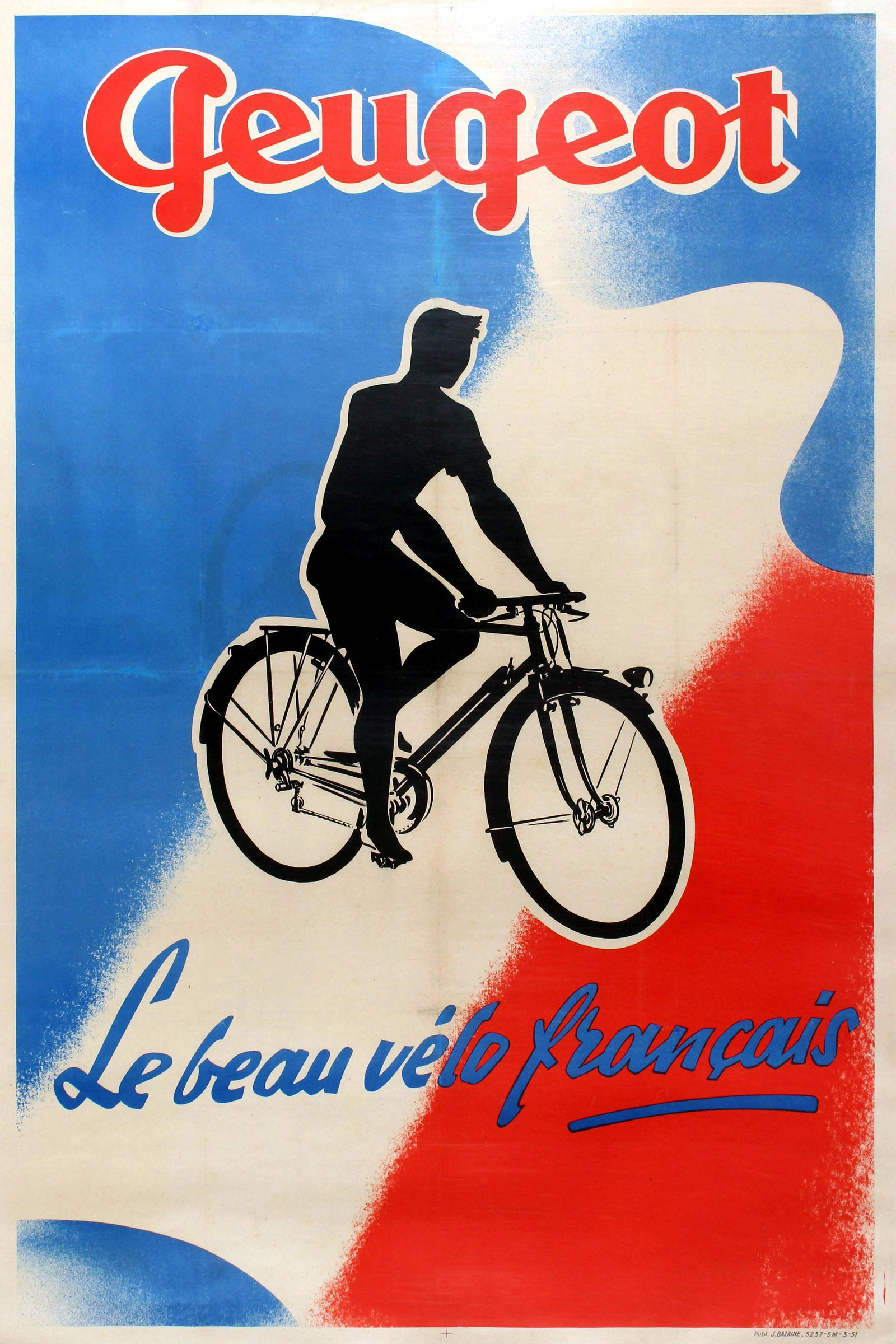 Advertising Poster Peugeot Beautiful French Bicycle: Original vintage advertising poster for Peugeot bicycles: Peugeot - Le beau velo francais (The beautiful French bicycle) featuring a colourful image showing the silhouette of a cyclist on a bike set a