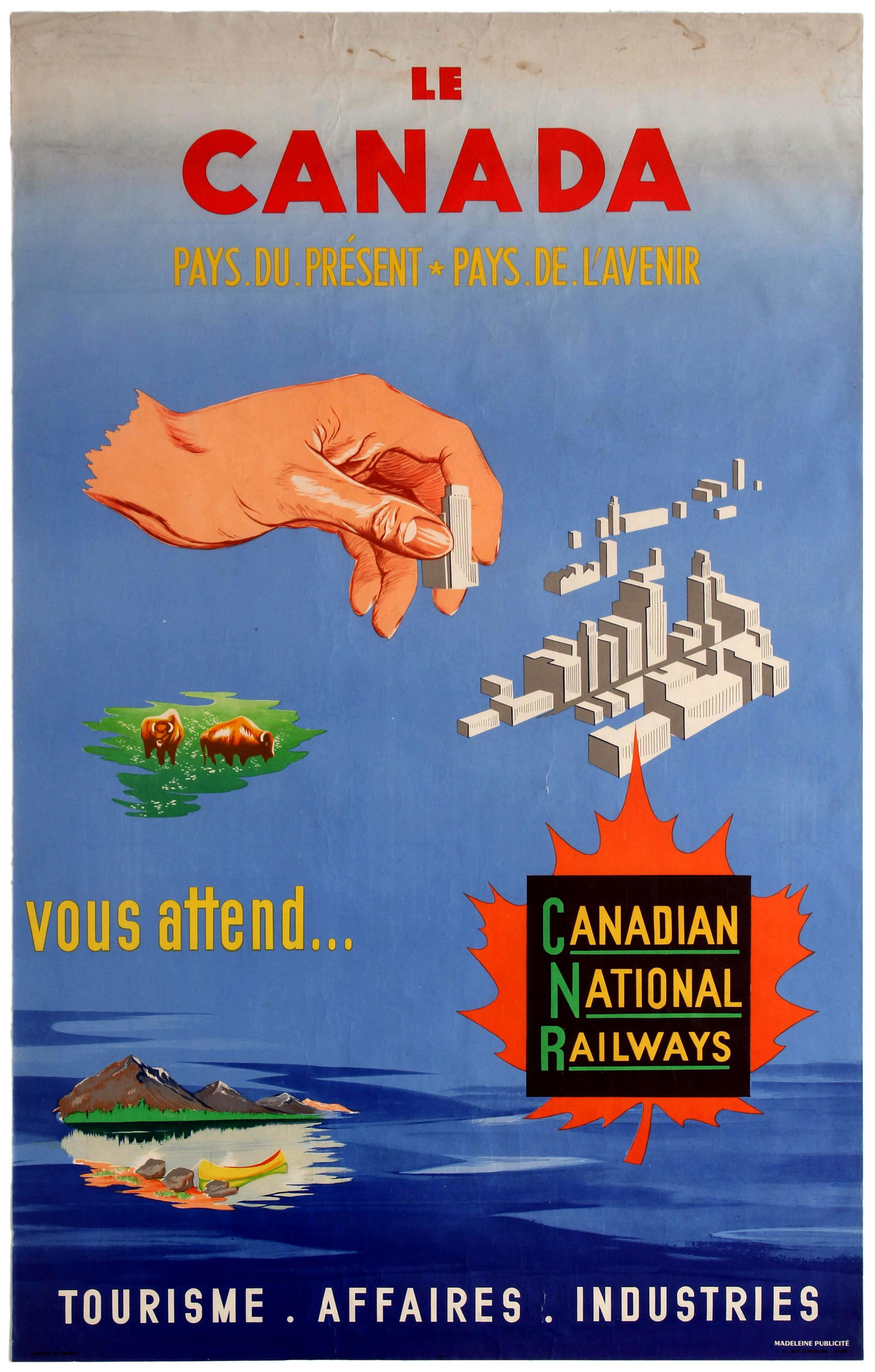 Travel Poster Canada Is Waiting For You CNR Immigration: Original vintage travel advertising poster published by the Canadian National Railways (CNR) to promote Canada as a destination for immigration, business and tourism: Canada - Country Of The Present C