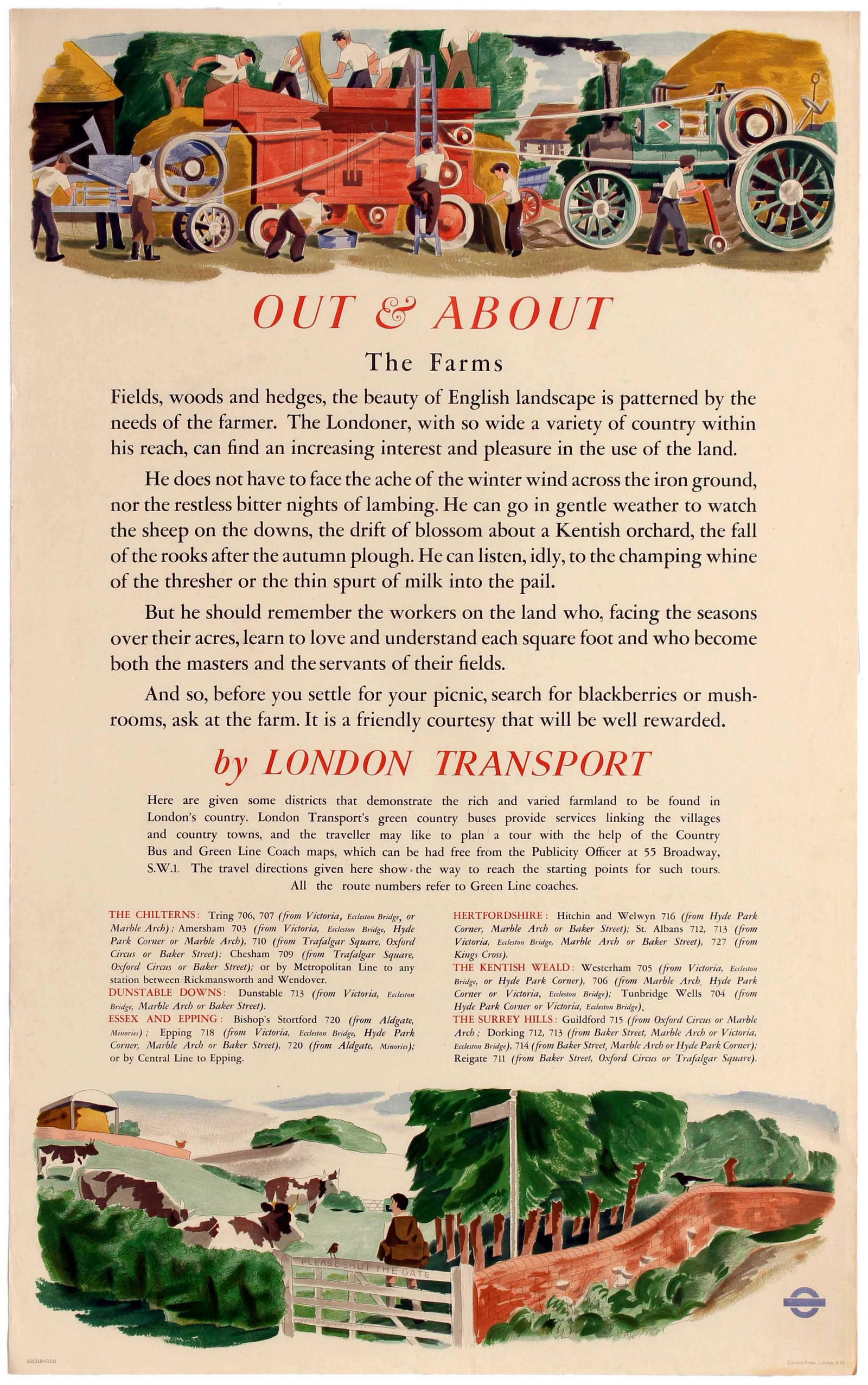Travel Poster London Undreground Transport Out and: Original vintage travel advertising poster published by London Transport - Out and About - The Farms by London Transport - to promote its Green line coach and country bus services which allowed sights