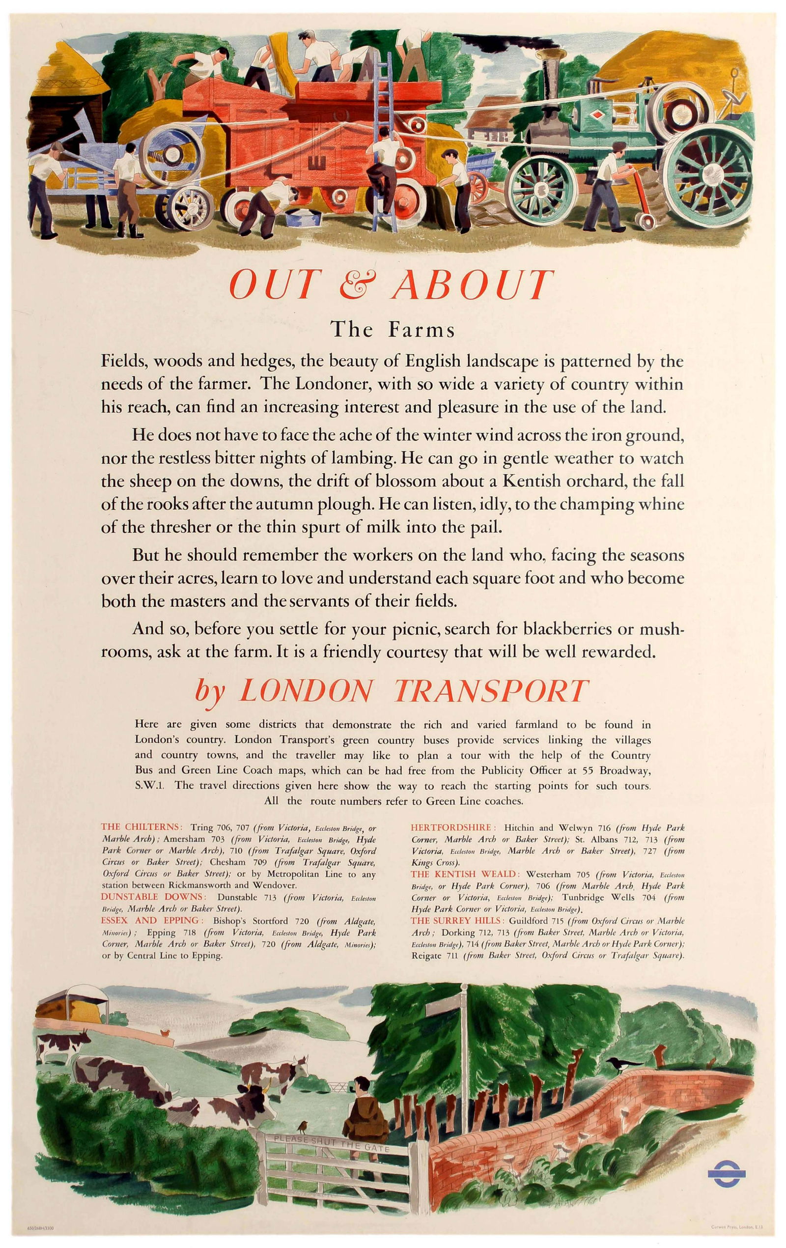 Travel Poster London Undreground Transport Out and: Original vintage travel advertising poster published by London Transport - Out and About - The Farms by London Transport - to promote its Green line coach and country bus services which allowed sights
