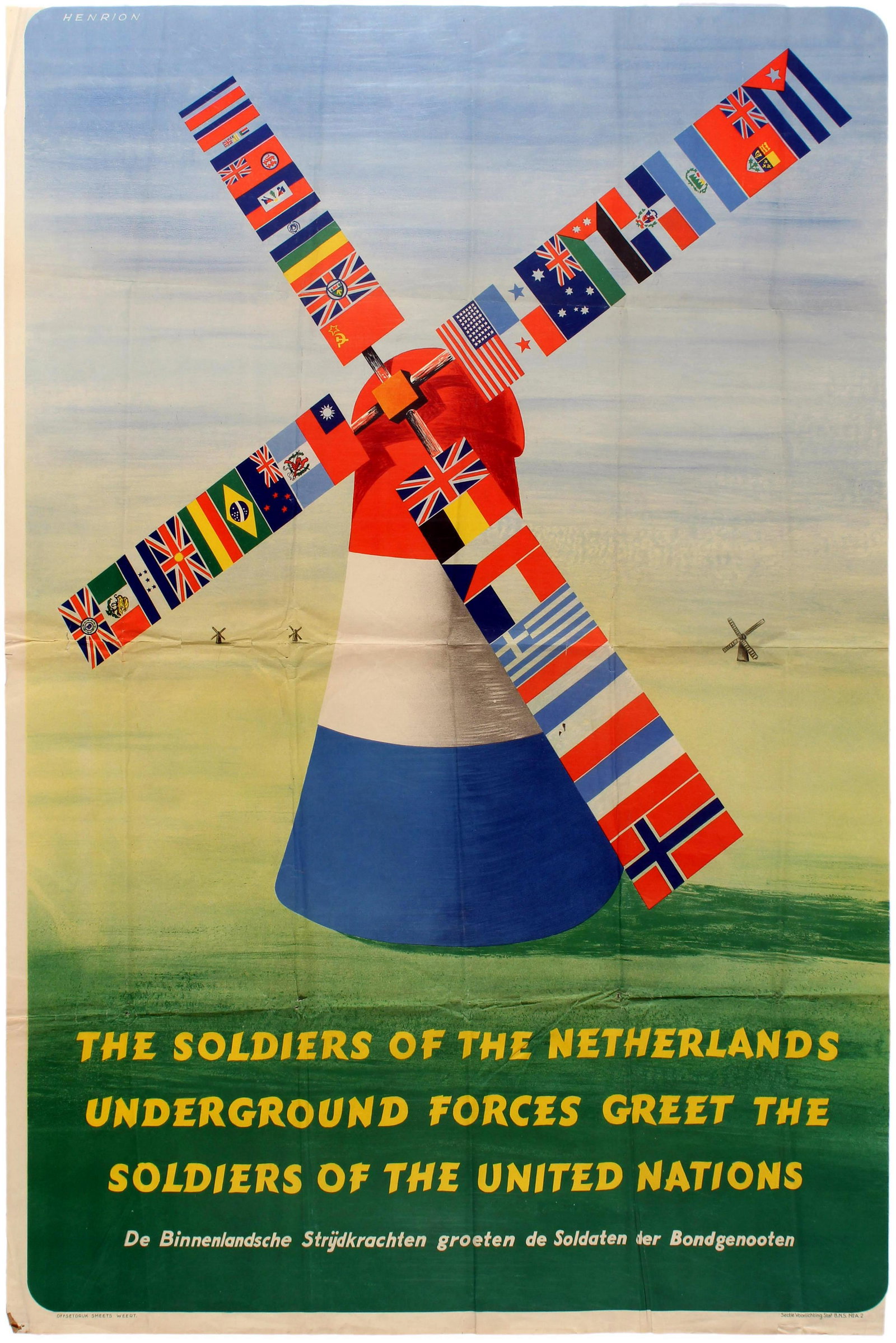 Propaganda Poster WWII Dutch Resistance Allies United: Original vintage World War Two propaganda poster issued shortly after the liberation in 1945 with a design by Frederic H.K. Henrion (1914-1990): The soldiers of the Netherlands Underground Forces gree