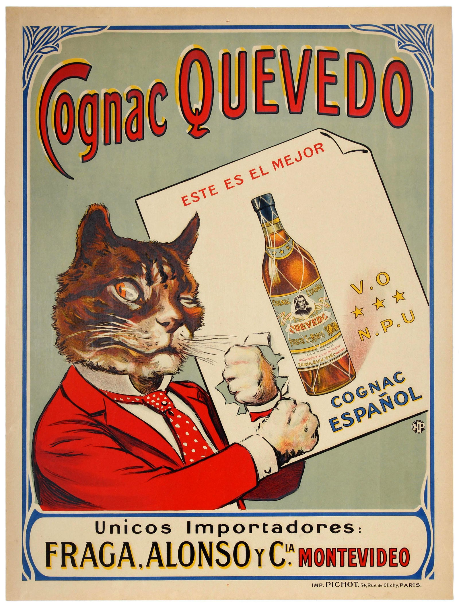 Advertising Poster Spanish Cognac Quevedo Cat Alcohol: Original vintage advertising poster for the Spanish brand of Cognac Quevedo featuring a great artwork depicting a cat in a red jacket and tie holding an advertising placard showing a bottle of Quevedo