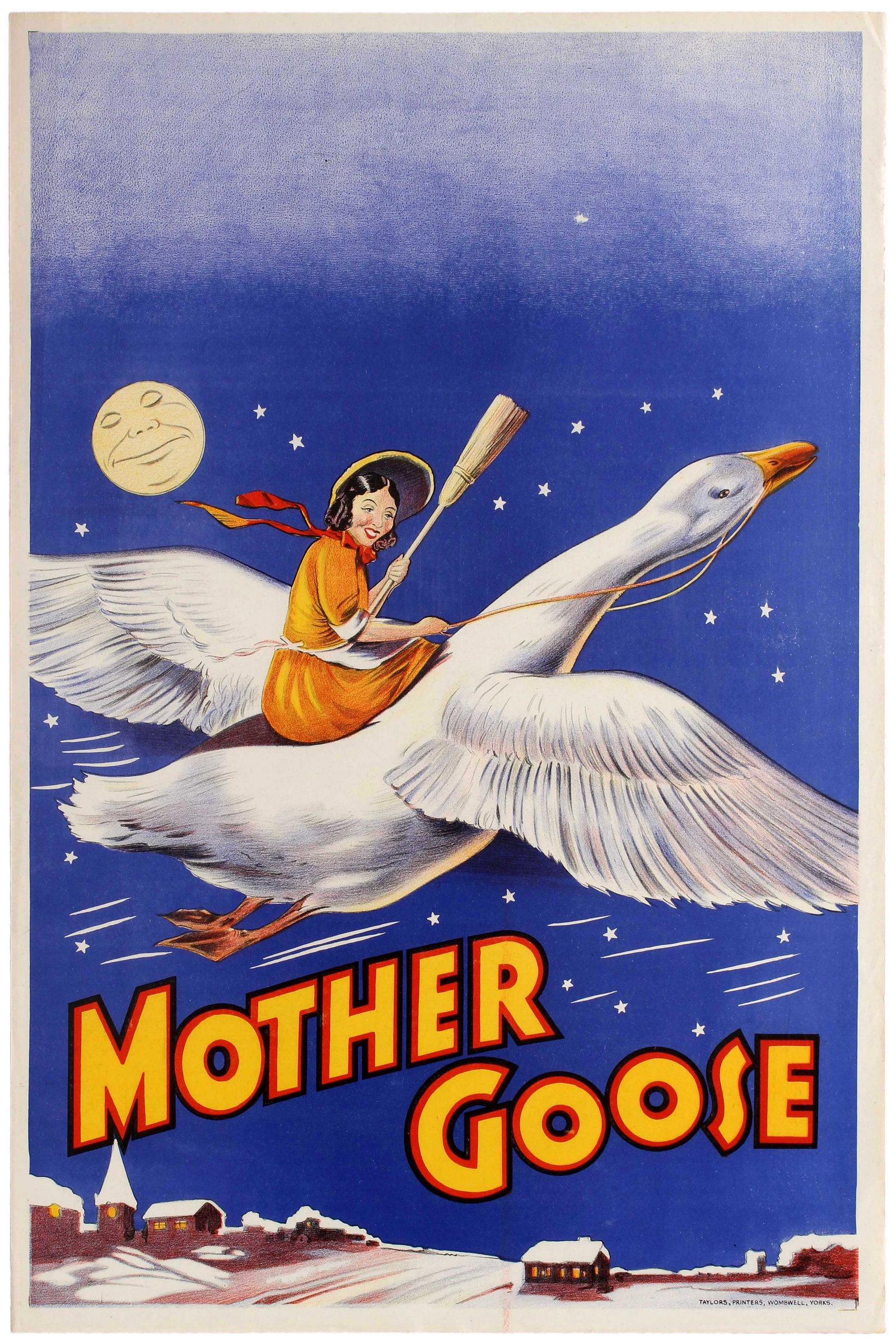 Advertising Poster Set of 10 Theatre Mother Goose: Set of ten original vintage advertising poster for the English stage pantomime production of Mother Goose, featuring a great colourful artwork showing Mother Goose holding a broom while riding a huge 