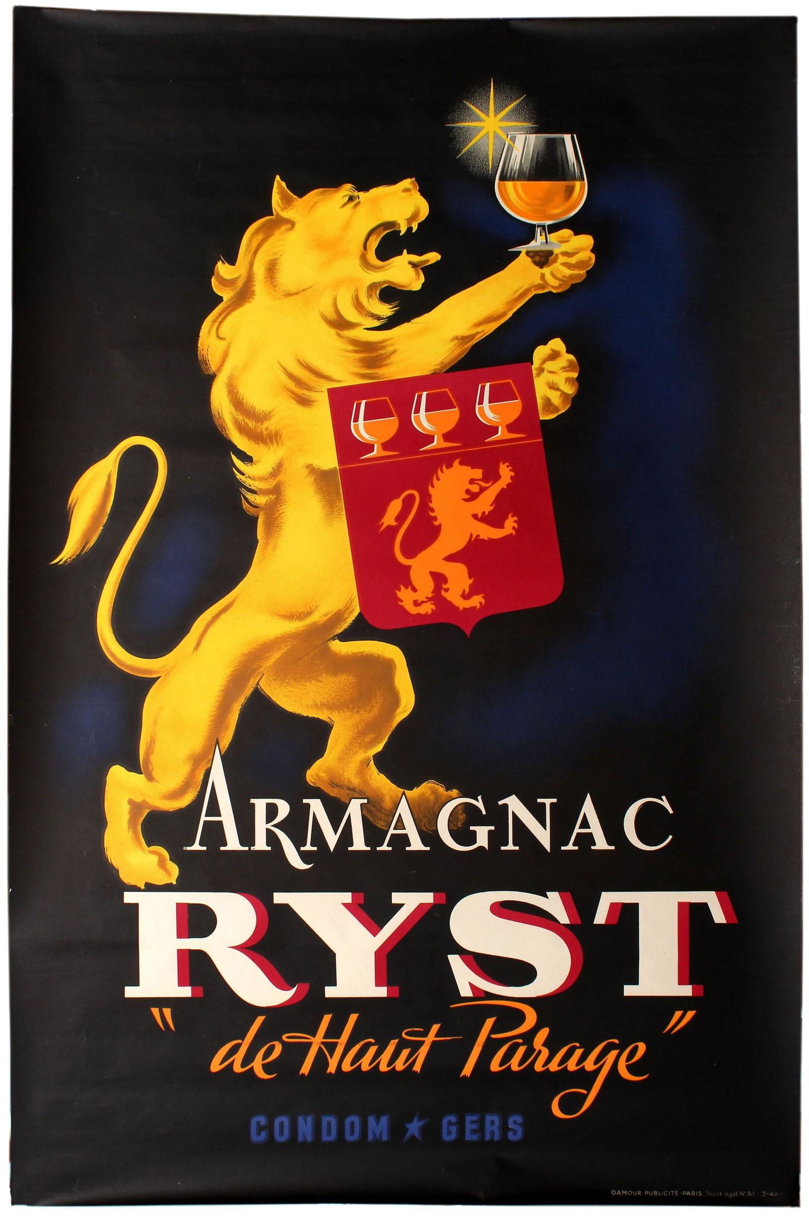 Advertising Poster Armagnac Ryst Alcohol Drink France: Original vintage French advertising poster for Armagnac Ryst, an alcohol produced in the town of Condom in the Gers region in France. Striking post-war design showing a strong lion holding a glass of
