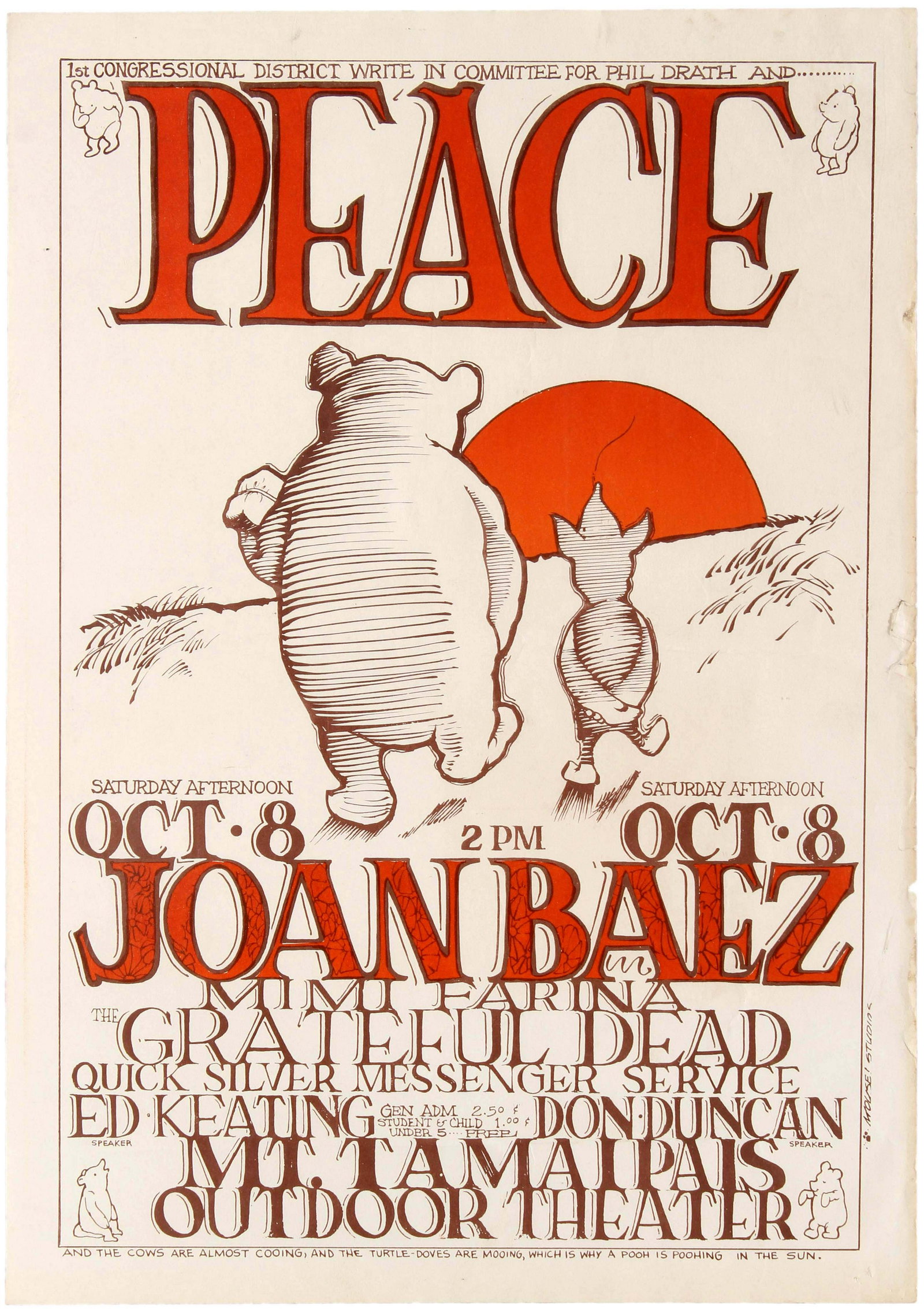Propaganda Poster Peace Rock Concert Joan Baez The: Original vintage propaganda poster published to promote the congressional campaign of candidate Phil Drath, who was a staunch anti-war supporter. Artists such as Joan Baez, Mimi Farino, The Grateful D