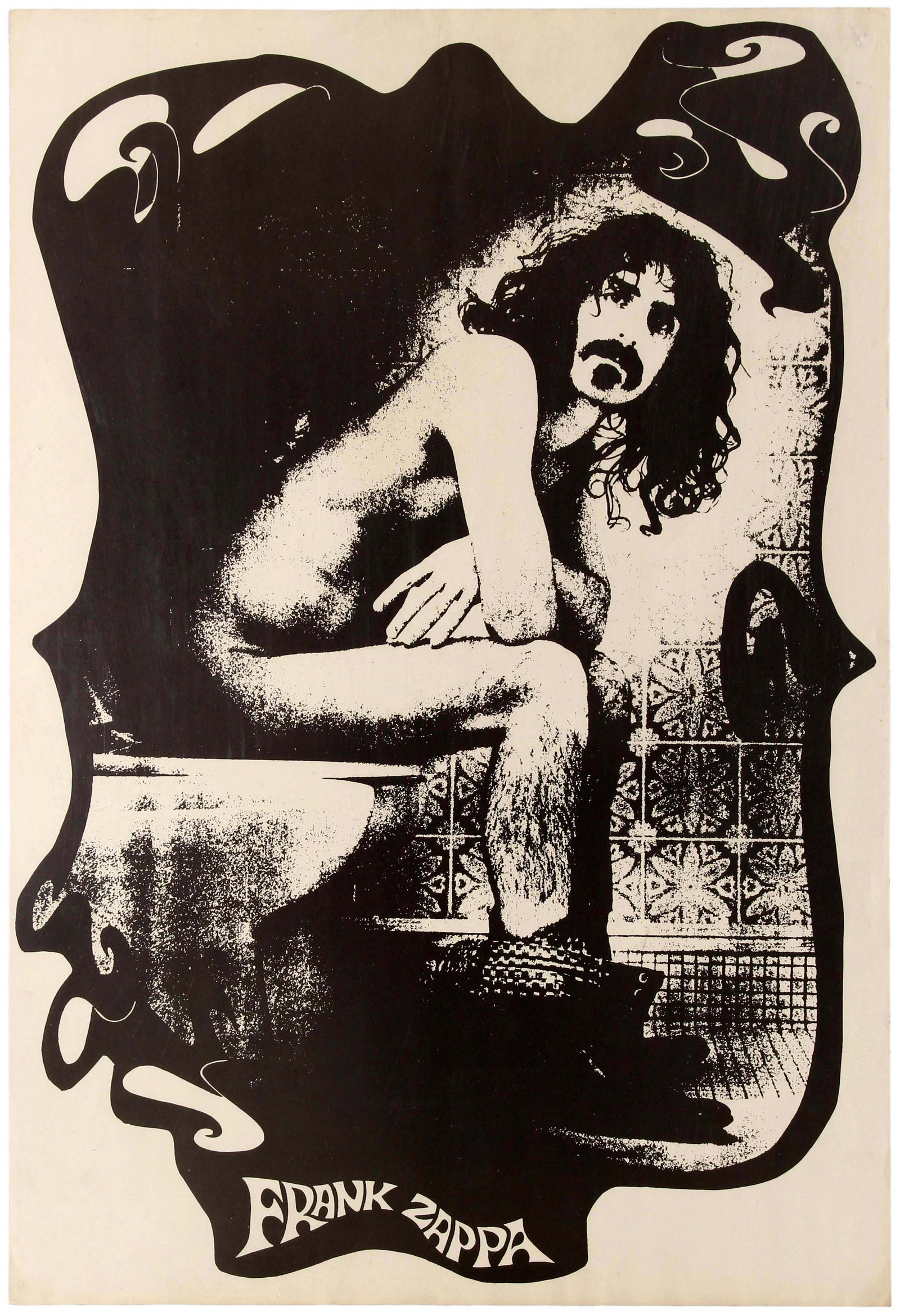 Advertising Poster Frank Zappa Toilet Phi Zappa Krappa: Original vintage music advertising poster known as Frank Zappa 'The Toilet Poster' or "Phi Zappa Krappa". It features a psychedelic interpretaton of the iconic photograph of Frank Zappa sitting on the
