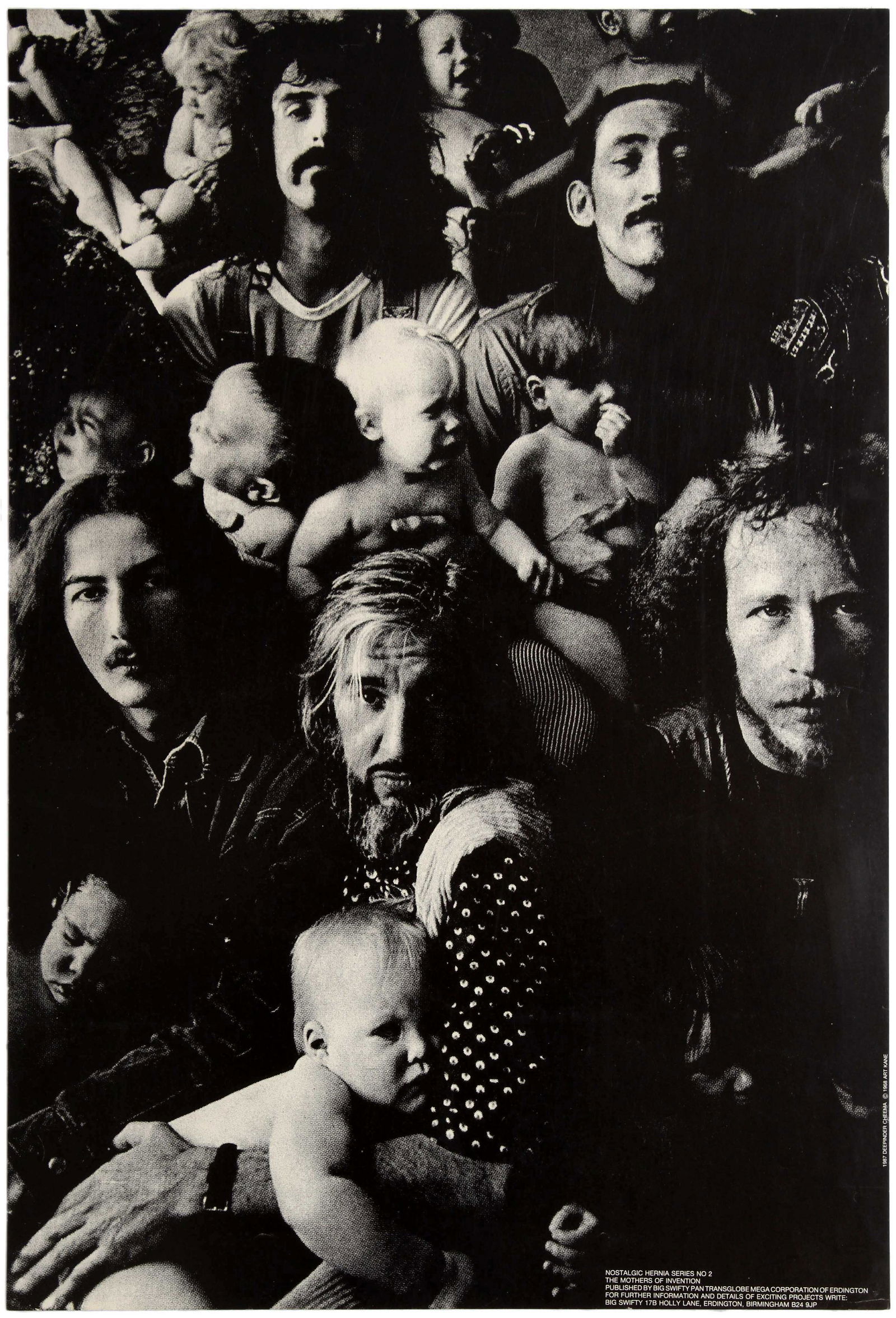 Advertising Poster Frank Zappa Mothers of Invention: Original vintage music advertising poster for Frank Zappa's rock band Mothers of Invention. This poster features a fantastic black and white photograph of Mothers of Invention with babies by Art Kane.
