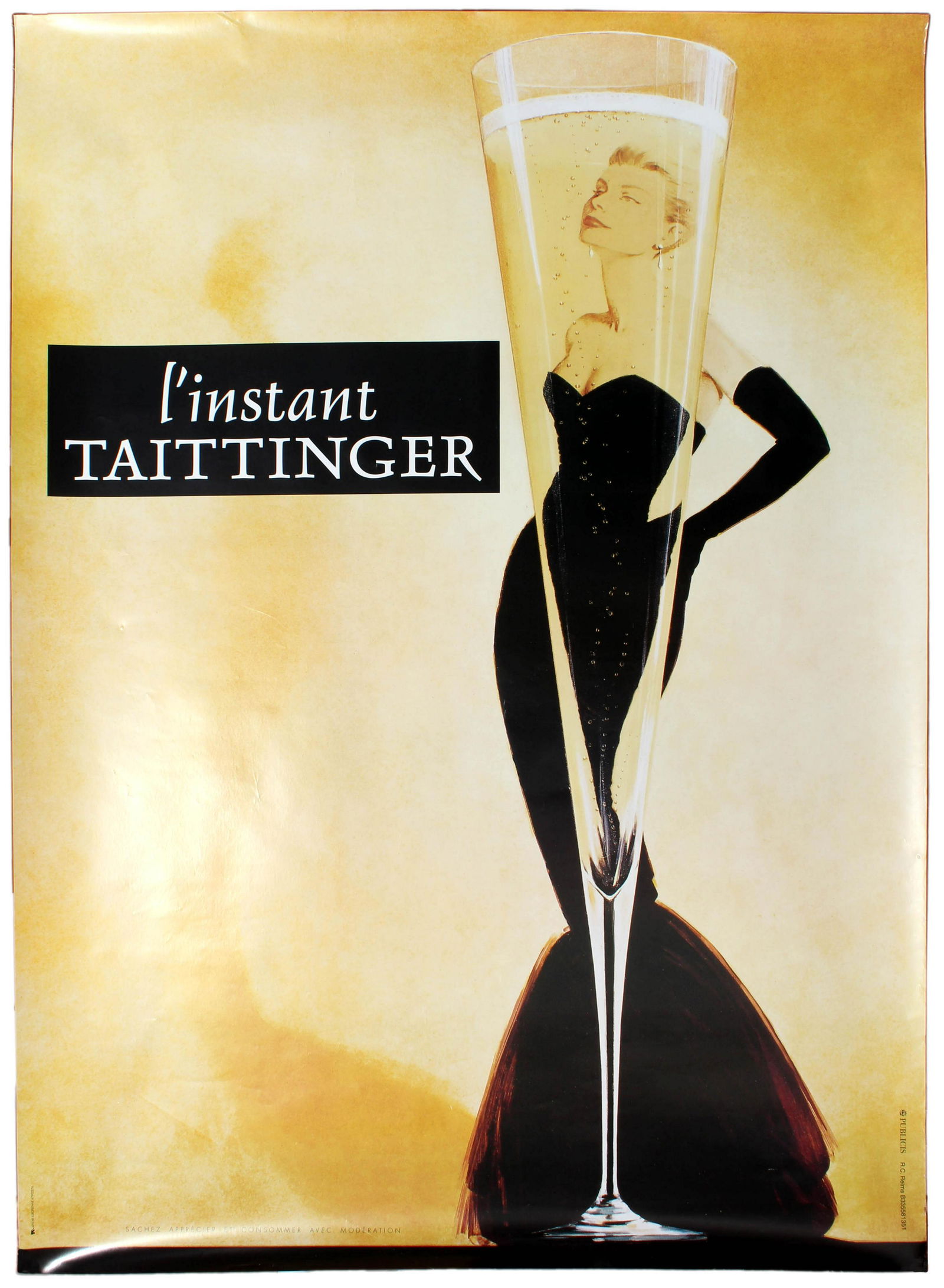 Advertising Poster Instant Taittinger Champagne Wine: Original vintage French advertising poster for Taittinger Champagne - L'Instant Taittinger (The Taittinger Moment) - featuring a very glamorous lady (thought to be the iconic Grace Kelly) behind a ful