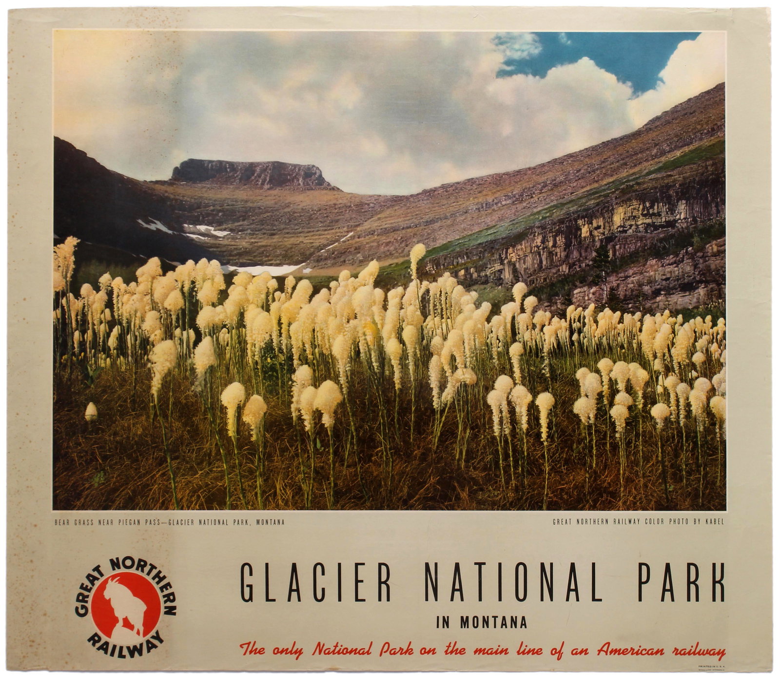 Travel Poster Great Northern Railway Glacier National: Original vintage travel advertising poster for the Great Northern Railway company to promote the Glacier National Park in Montana as 'The only National Park on the main line of an American Railway'. T
