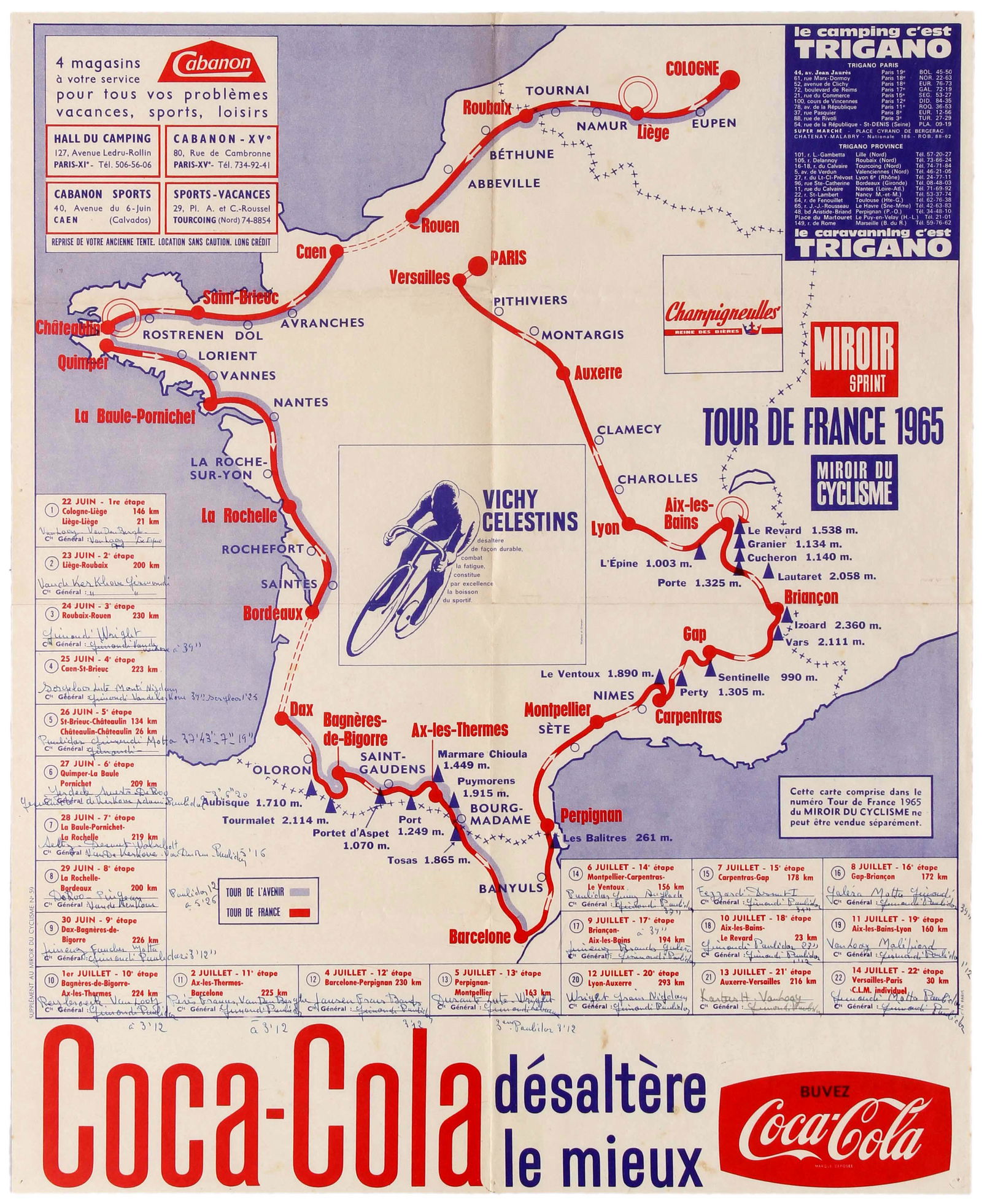 Sport Poster Bicycle Race Tour De France 1965 Cycling: Original vintage sport poster for the Tour de France 1965 sponsored by Coca-Cola and showing a blue and red map of the race's route. This map was included in a special issue dedicated to the Tour by t