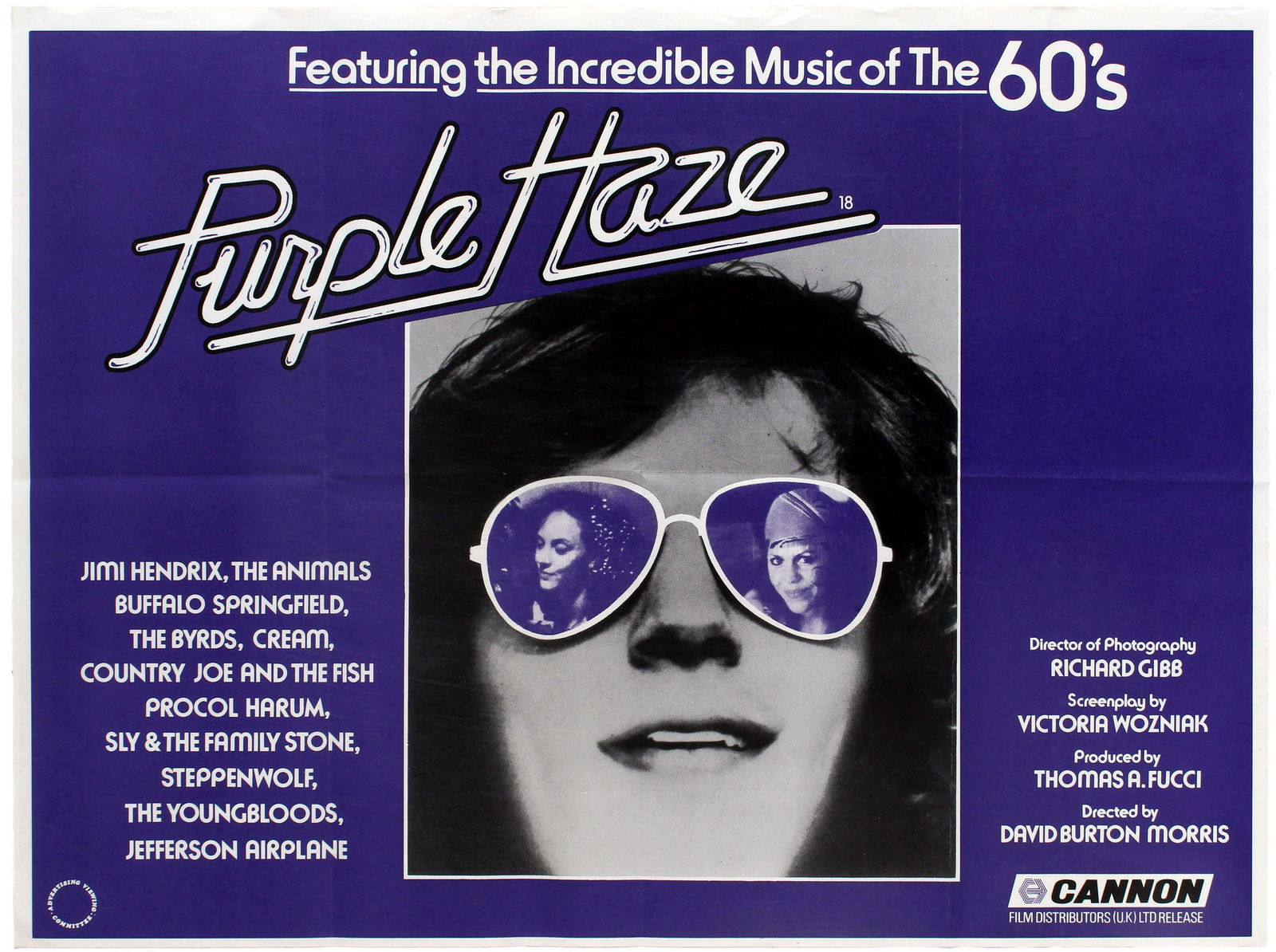 Film Poster Movie Purple Haze Jimi Hendrix The Animals: Original vintage movie poster for the 1982 American comedy drama film Purple Haze, directed by David Burton Morris and starring Peter Nelson, Chuck McQuary and Bernard Baldan. The film tells the story