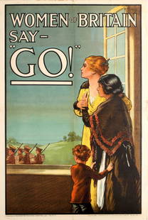 War Poster Women of Britain Say Go WWI UK: Original antique World War One propaganda poster published by the Parliamentary Recruiting Committee: Women of Britain say - "Go!" Iconic design featuring two ladies and a young boy looking out of an