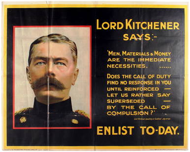 War Poster Lord Kitchener Says WWI UK Recruitment: Original antique World War One propaganda poster encouraging men to enlist in the army featuring an image of Lord Kitchener in uniform on the left with a quote from his speech at Guildhall on 9 July