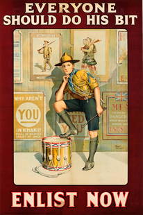 War Poster Everyone Should Do His Bit Boy Scout WWI UK: Original antique World War One propaganda poster: Everyone Should Do His Bit - Enlist Now featuring an image of young boy in uniform enrolling in the army as the drummer boy, his right foot on a drum