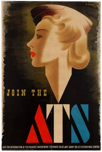 War Poster WWII Join the ATS Abram Games Blonde: Exceedingly rare original vintage World War Two recruiting poster: Join the ATS. Published by Her Majesty's Stationery Office to encourage women to join the Auxiliary Territorial Service (ATS). This