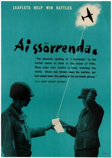 War Poster WWII Leaflets Help Win Battles Nazi War: Original vintage World War Two propaganda poster: Leaflets help win battles. ' Ai Sorrenda' - This poster features a monochrome photograph of a German soldier handing a leaflet to an allied solider