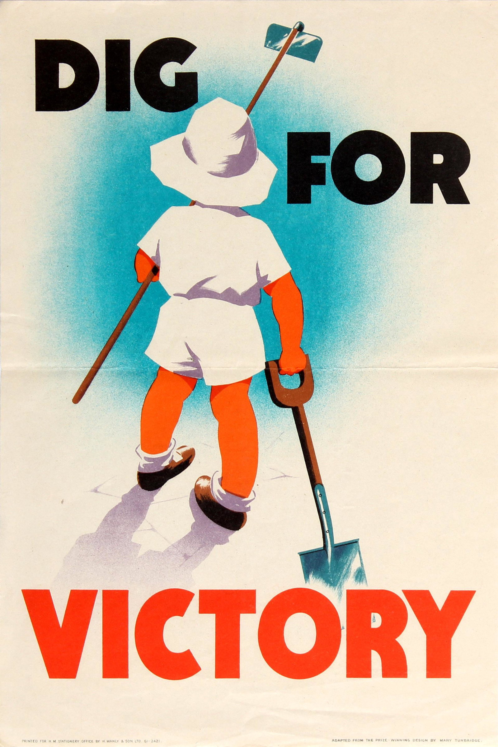 War Poster Dig For Victory WWII UK Home Front Mary: Original vintage World War Two propaganda poster - Dig For Victory - featuring a stylised illustration adapted from a prize winning design by Mary Tunbridge showing the back of a young child wearing a