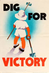 War Poster Dig For Victory WWII UK Home Front Mary: Original vintage World War Two propaganda poster - Dig For Victory - featuring a stylised illustration adapted from a prize winning design by Mary Tunbridge showing the back of a young child wearing